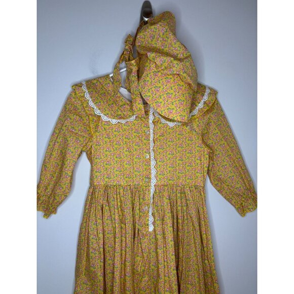 RELIBEAUTY NEW Yellow Floral Long Slv Dress Prairie Girls 150 (12) Lace Bonnet - Picture 3 of 11